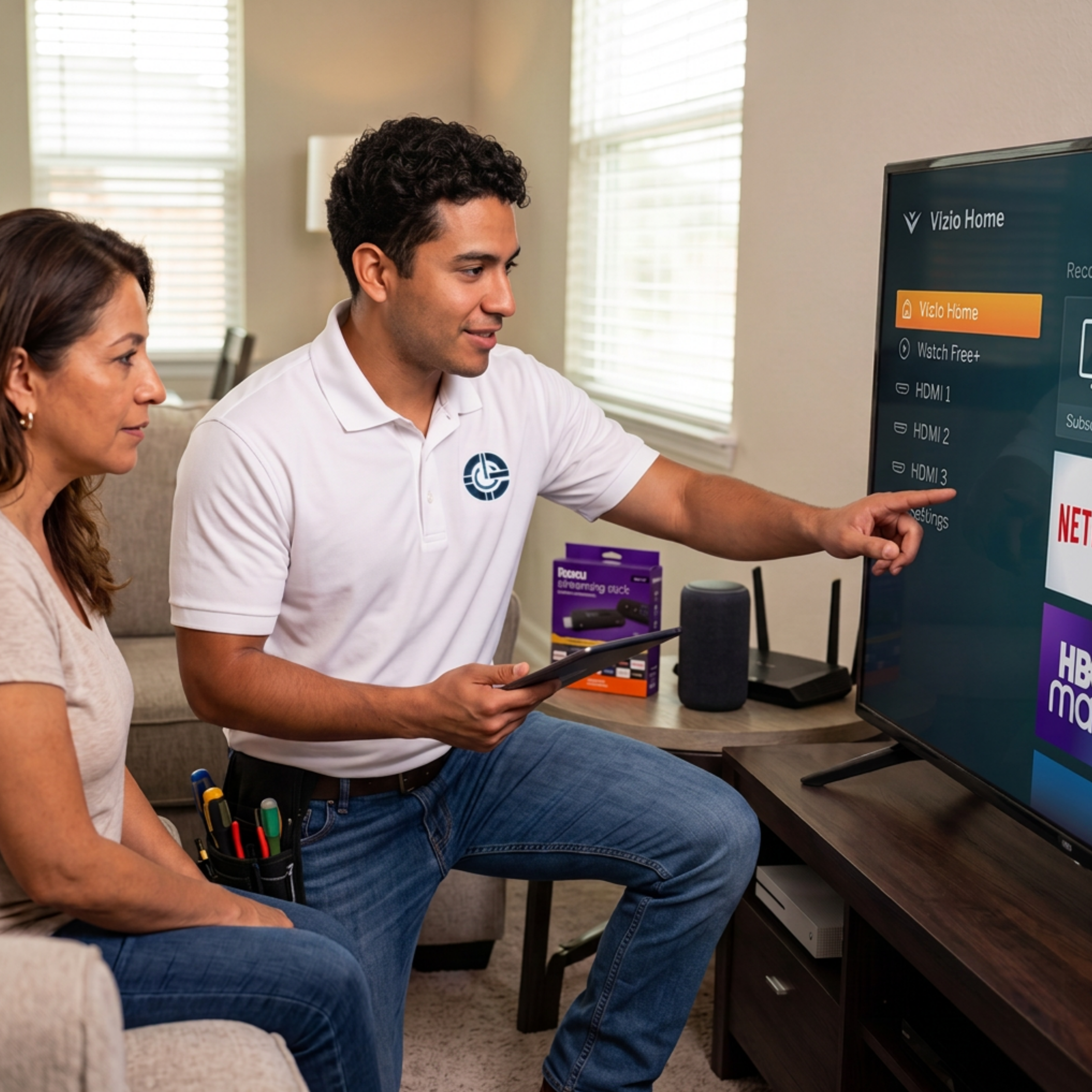 A man in a white polo shirt with a TV technician logo sits beside a woman in a living room, pointing at a television screen showing video streaming options. A TV remote, a small speaker, and a purple product box sit on a table nearby.