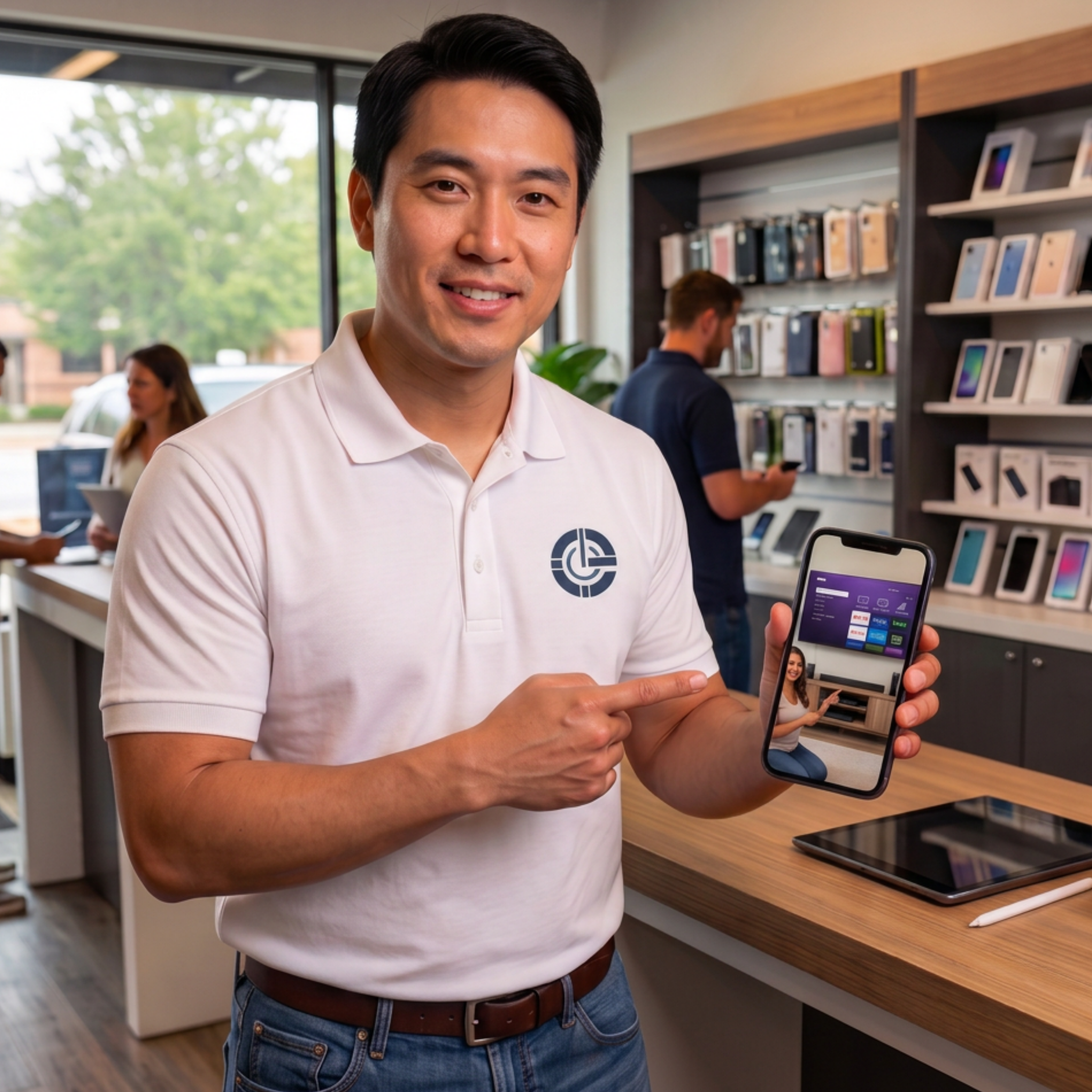 A smiling man in a white polo shirt with a blue circular logo stands in a retail store, holding a smartphone that displays a video or app interface. Shelves with boxed products and other store fixtures are visible in the background.