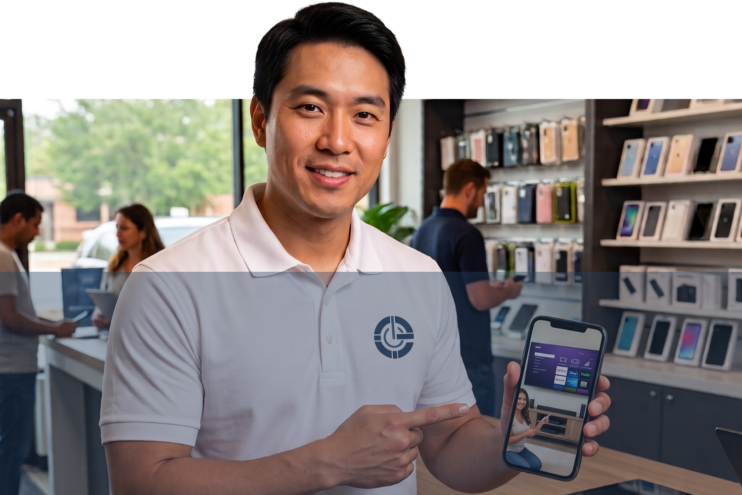 A man in a light gray and white polo shirt with a circular logo on the chest holds up a smartphone showing a software or app interface inside what appears to be a retail store or office setting.