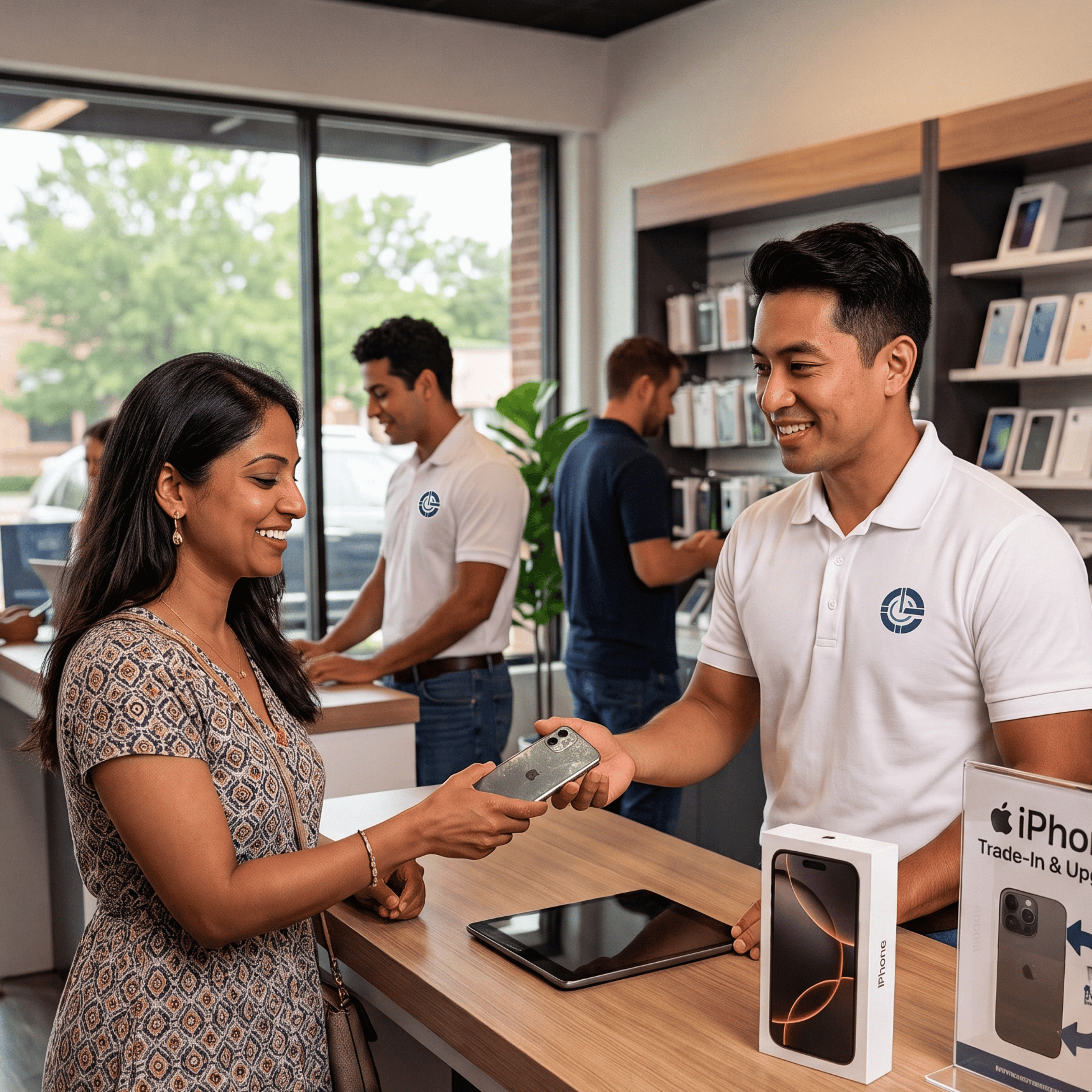 A smiling retail employee in a white polo shirt assists a woman at a counter while she receives a smartphone. An iPhone retail box is visible on the counter, along with store shelves and other staff in the background.